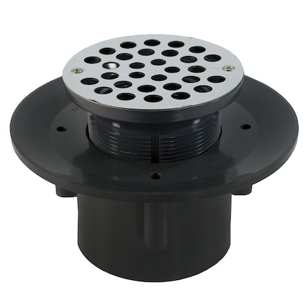Jones Stephens 4in. Heavy Duty PVC Slab Drain Base with 4in. Plastic Spud and 6in. Stainless Steel Strainer D49577